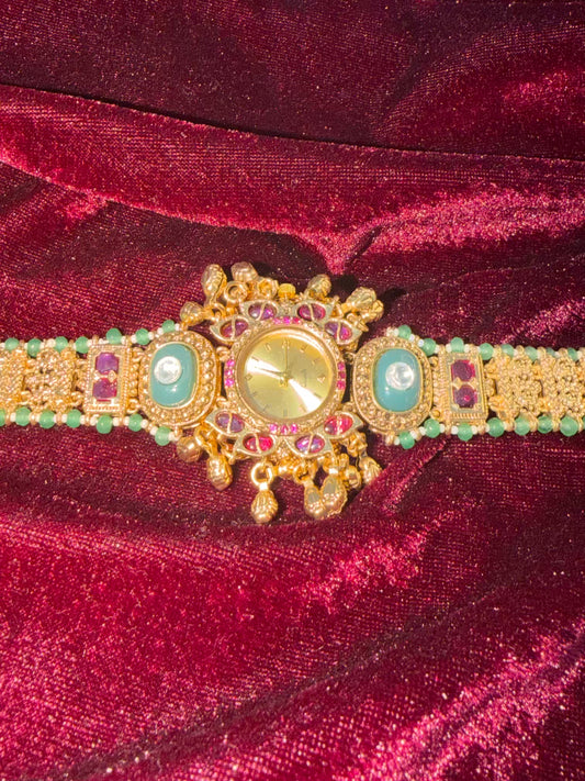 Queen Temple Motif Ruby Kundan Gold Plated Heritage Maharani Watch