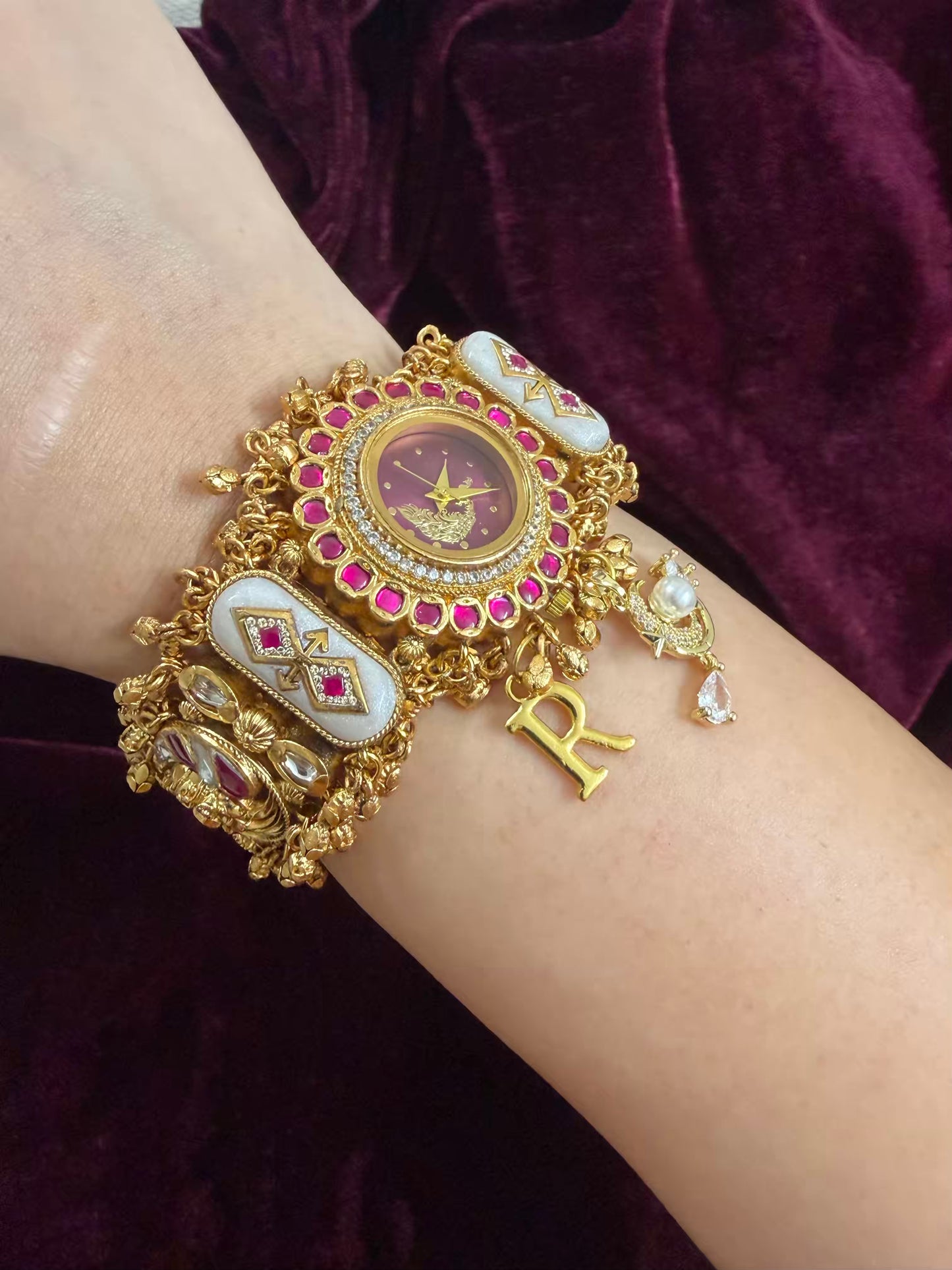 Burgundy Peacock Dial Maharani Watch Heritage Bracelet ( Add your initial FREE )