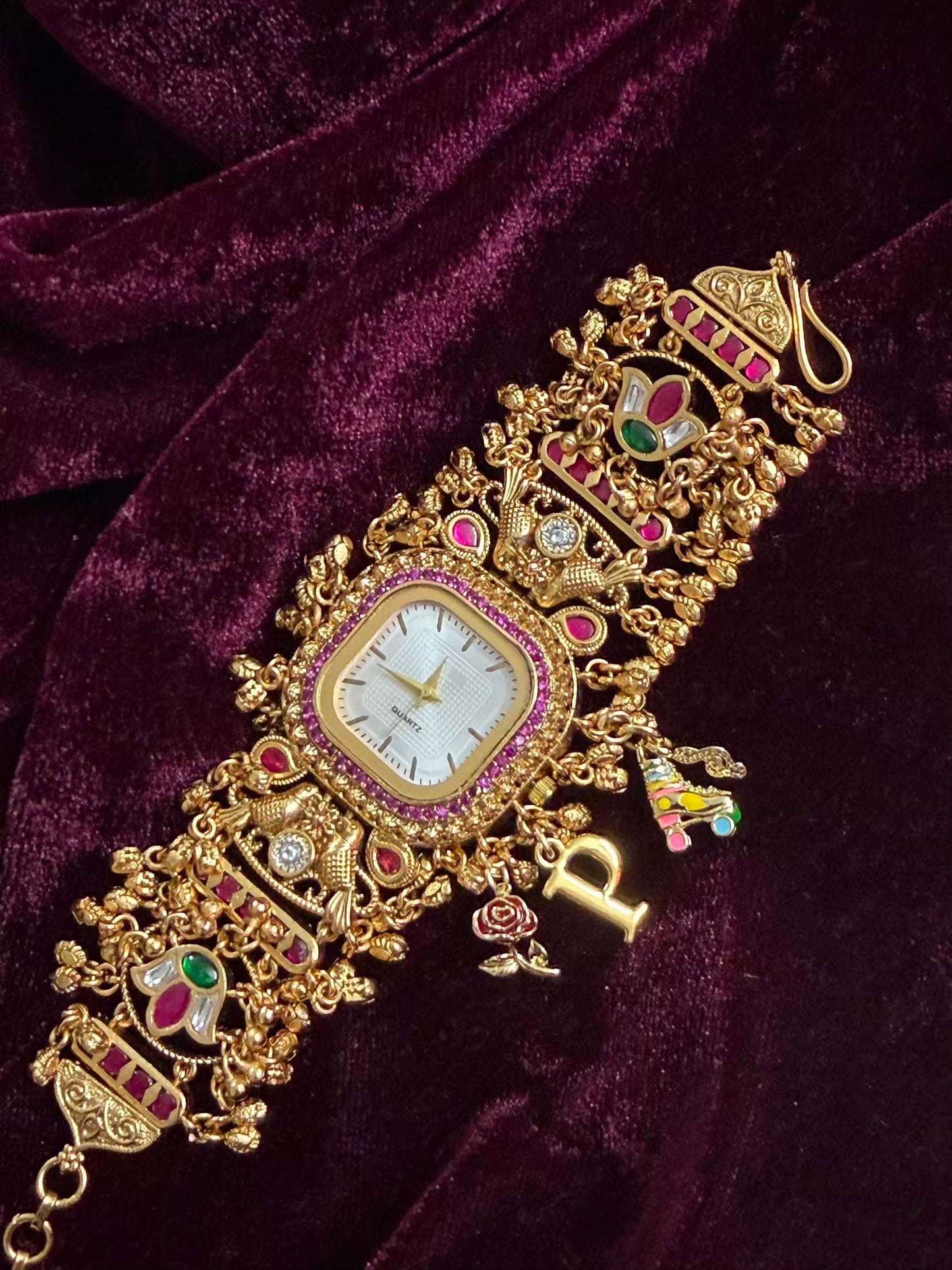 Square Dial Maharani Watch Heritage Bracelet with Skates and Rose ( Add your initial FREE )