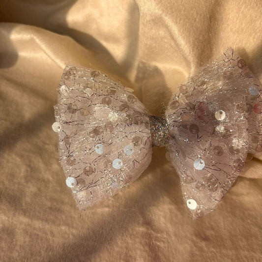 Sequined Hair Bow Clip For Women ( White Netted )