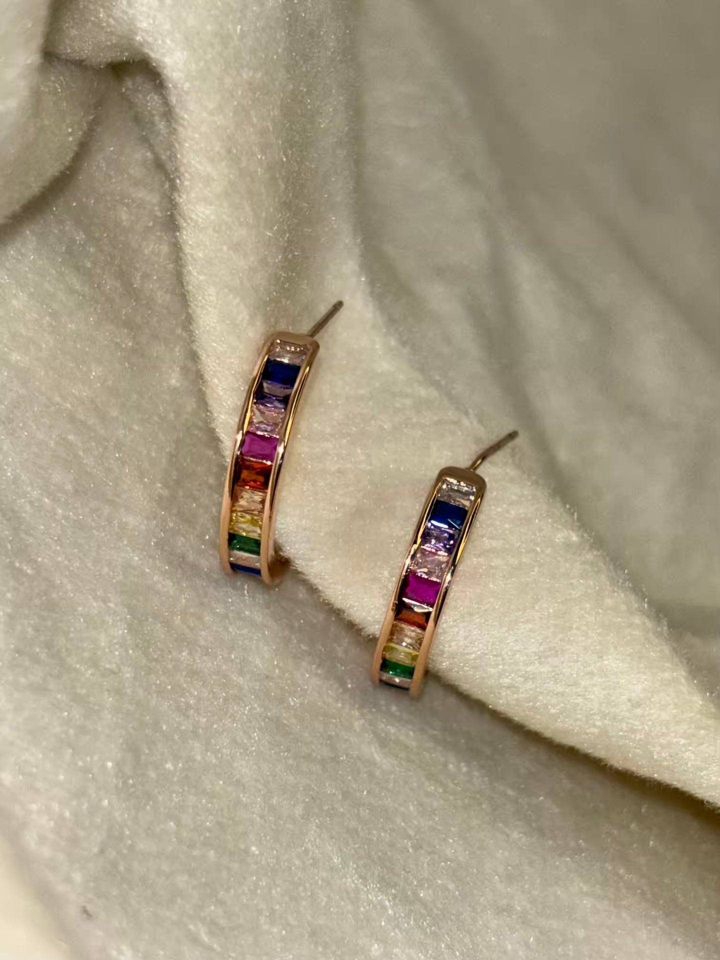 Multi Colourful Rainbow Huggies Earrings Studs - Rose Plated