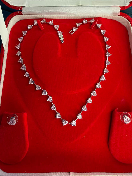 Pink Hearts Necklace Set in Rhodium with Studs