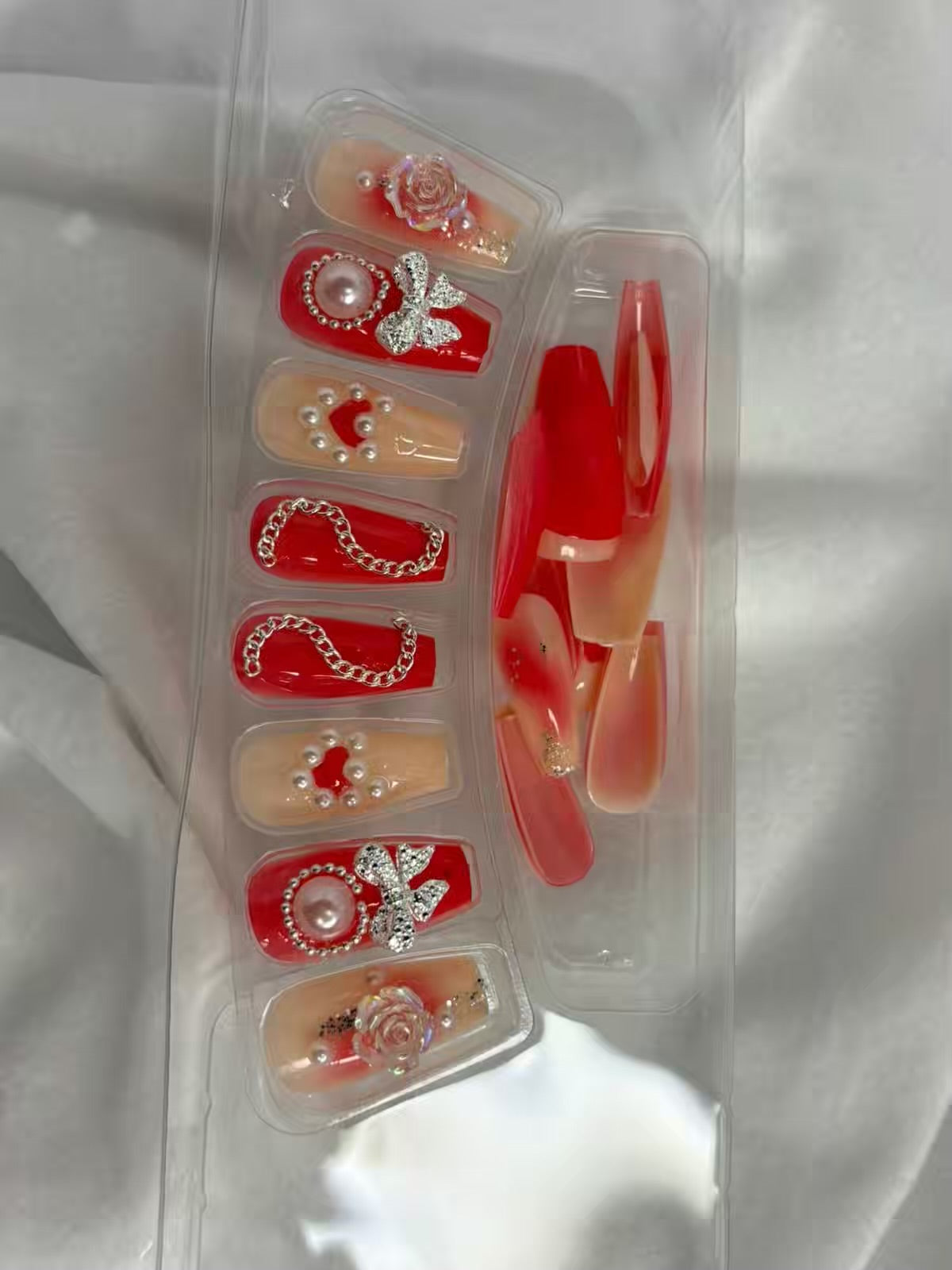 Red Nude Pearls Shimmery Fancy Party Bridal Press On Nails ( Set of 24 )