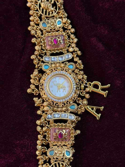 Rose Ruby White Elephant Dial Maharani Watch Design Heritage Bracelet (Customise Initial ) (1 left )