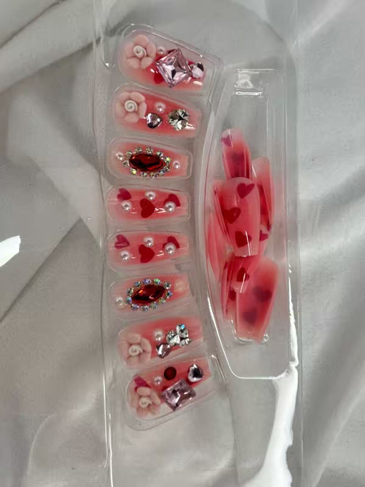 Pink Hearts Ruby Stone Shimmery Fancy Party Bridal Press On Nails ( Set of 24 )