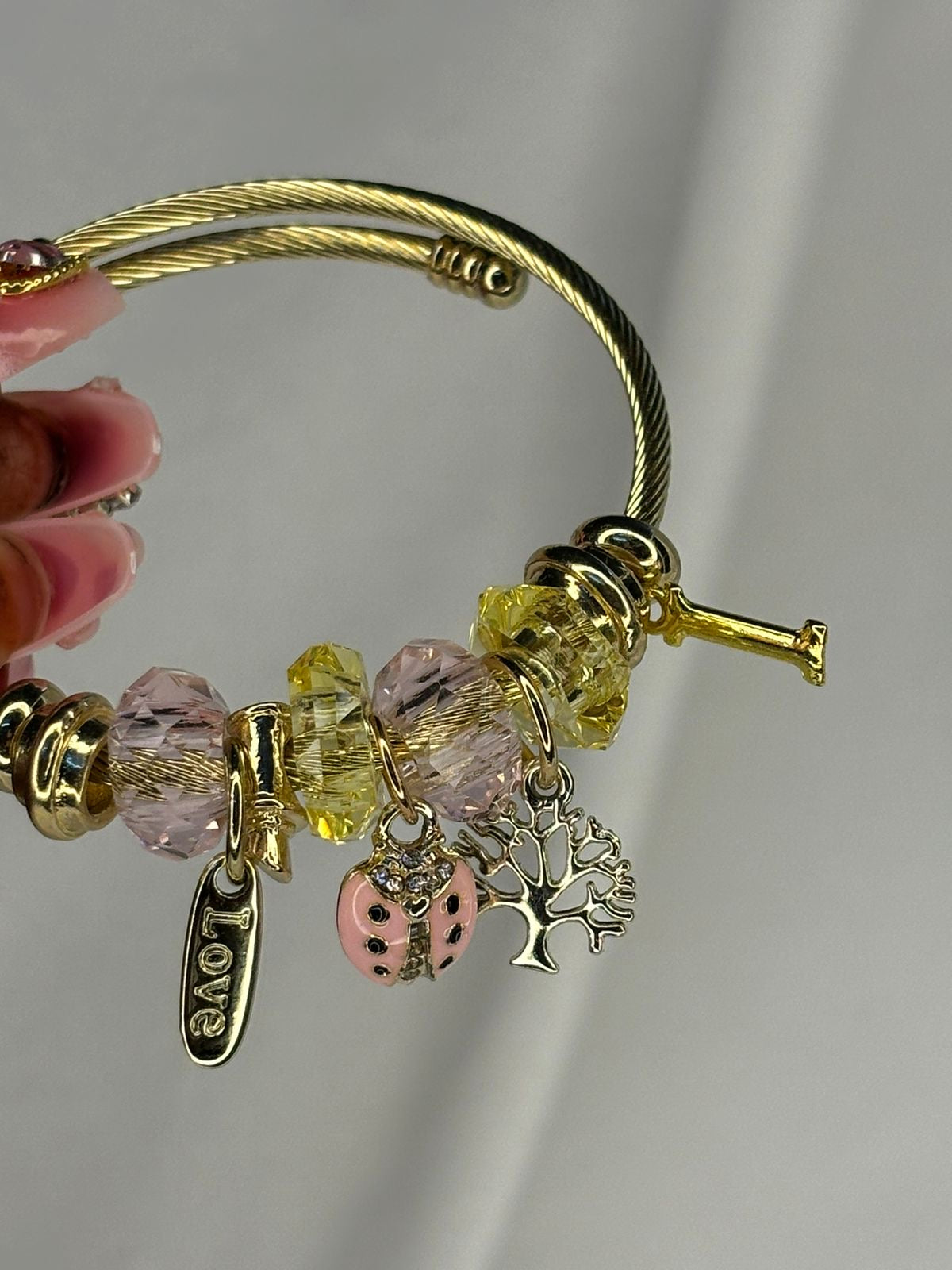 Pandora Pink Bug Tree Charms Bracelet With Customised Initial ( Gold)