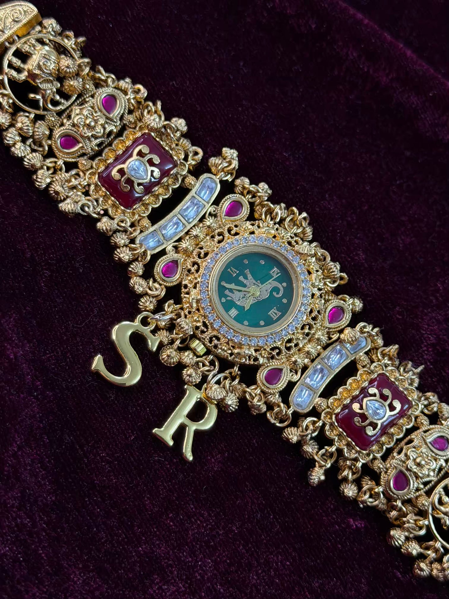 Green Dial Elephant Dial Maharani Watch Design Heritage Bracelet (Customise Initial )