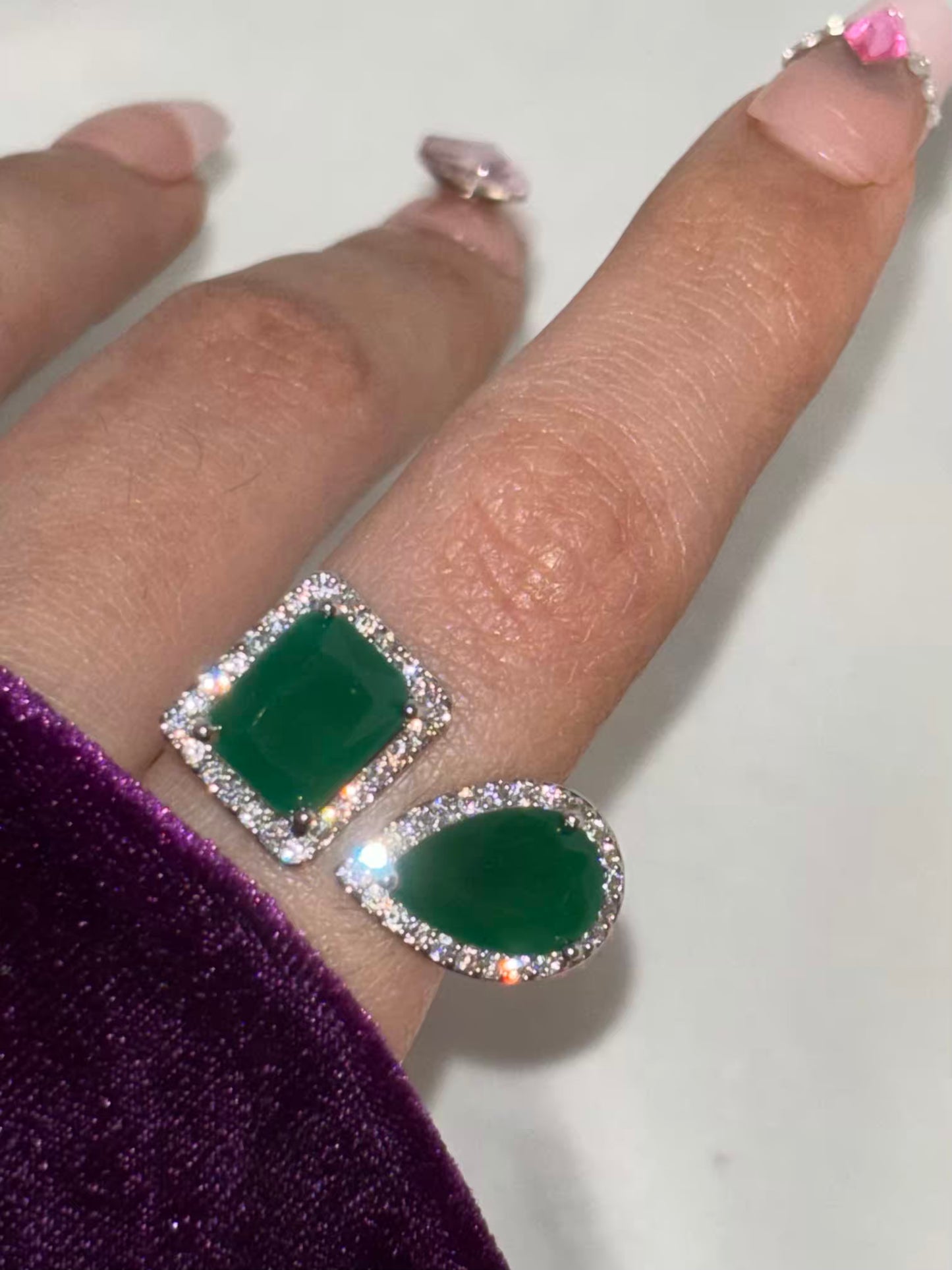 Emerald Green Dual Stone Ring - Adjustable