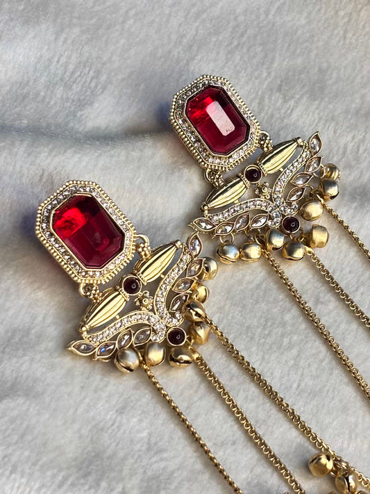 Red Ruby Sapphire Kashmiri Brass Premium Plated Ghungroo Earrings