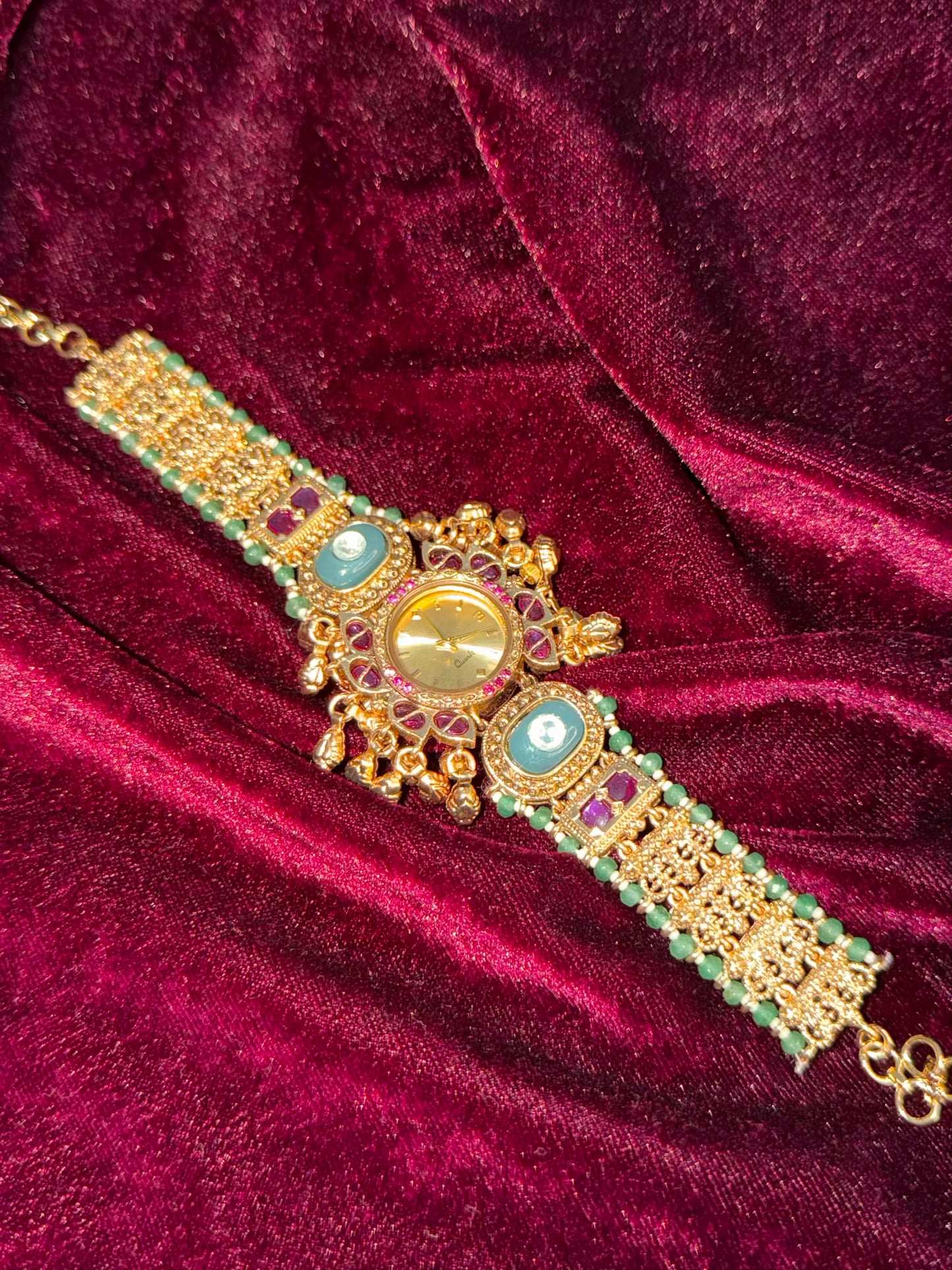 Queen Temple Motif Ruby Kundan Gold Plated Heritage Maharani Watch