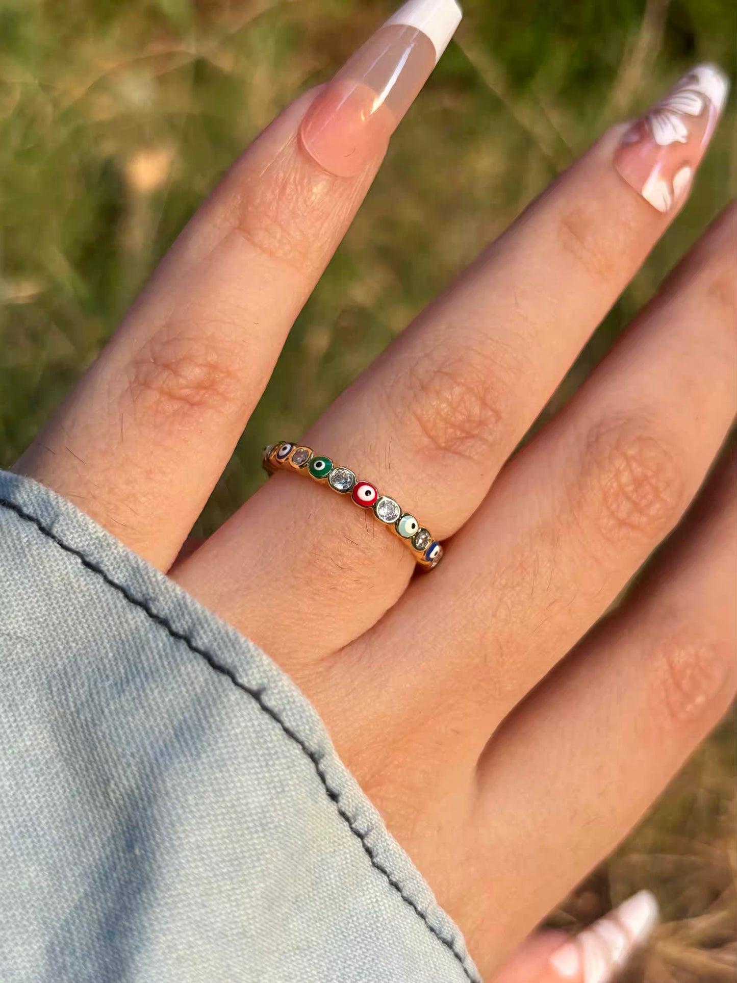 Colourful Thin Evil Eye  Band Ring - Adjustable