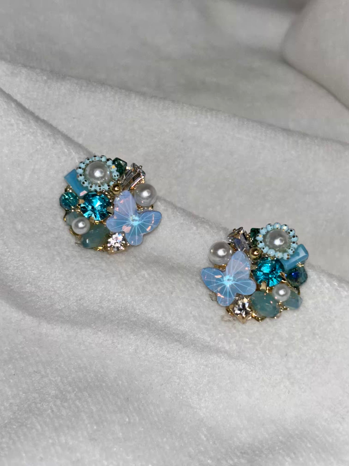 Blue Butterfly Small Pearly Earrings Studs - Gold Plated