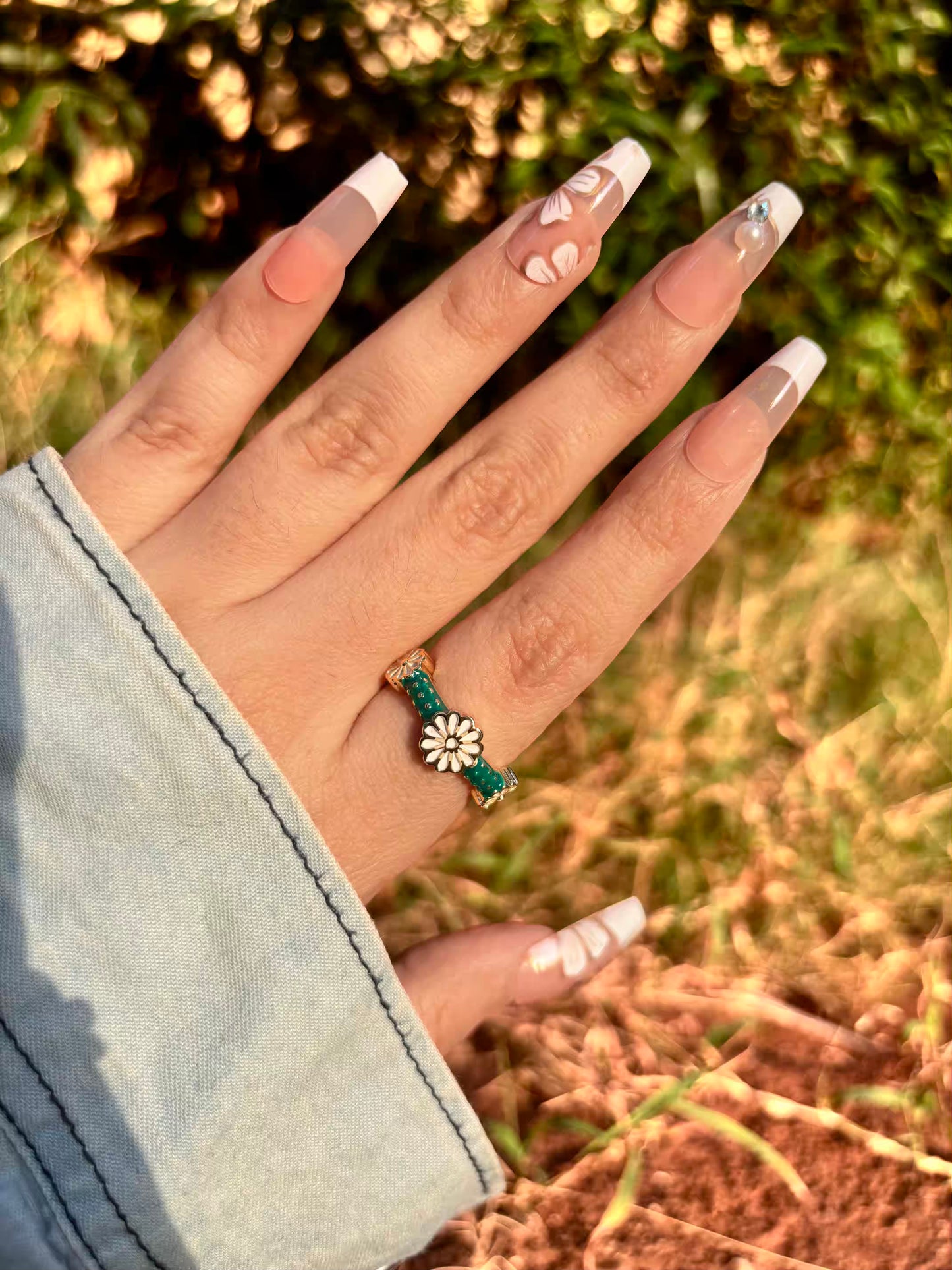 Green Sunflower Band Ring - Adjustable