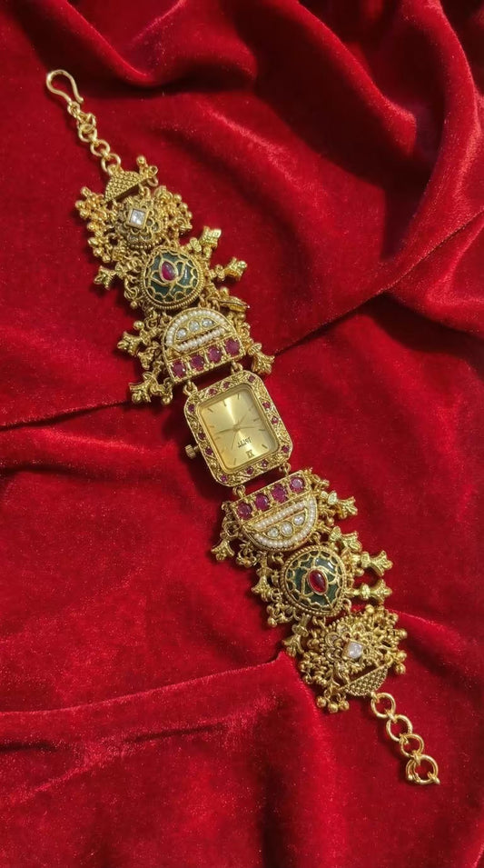 Square Dial Antique Temple Motif Ruby Kundan Gold Plated Heritage Maharani Watch