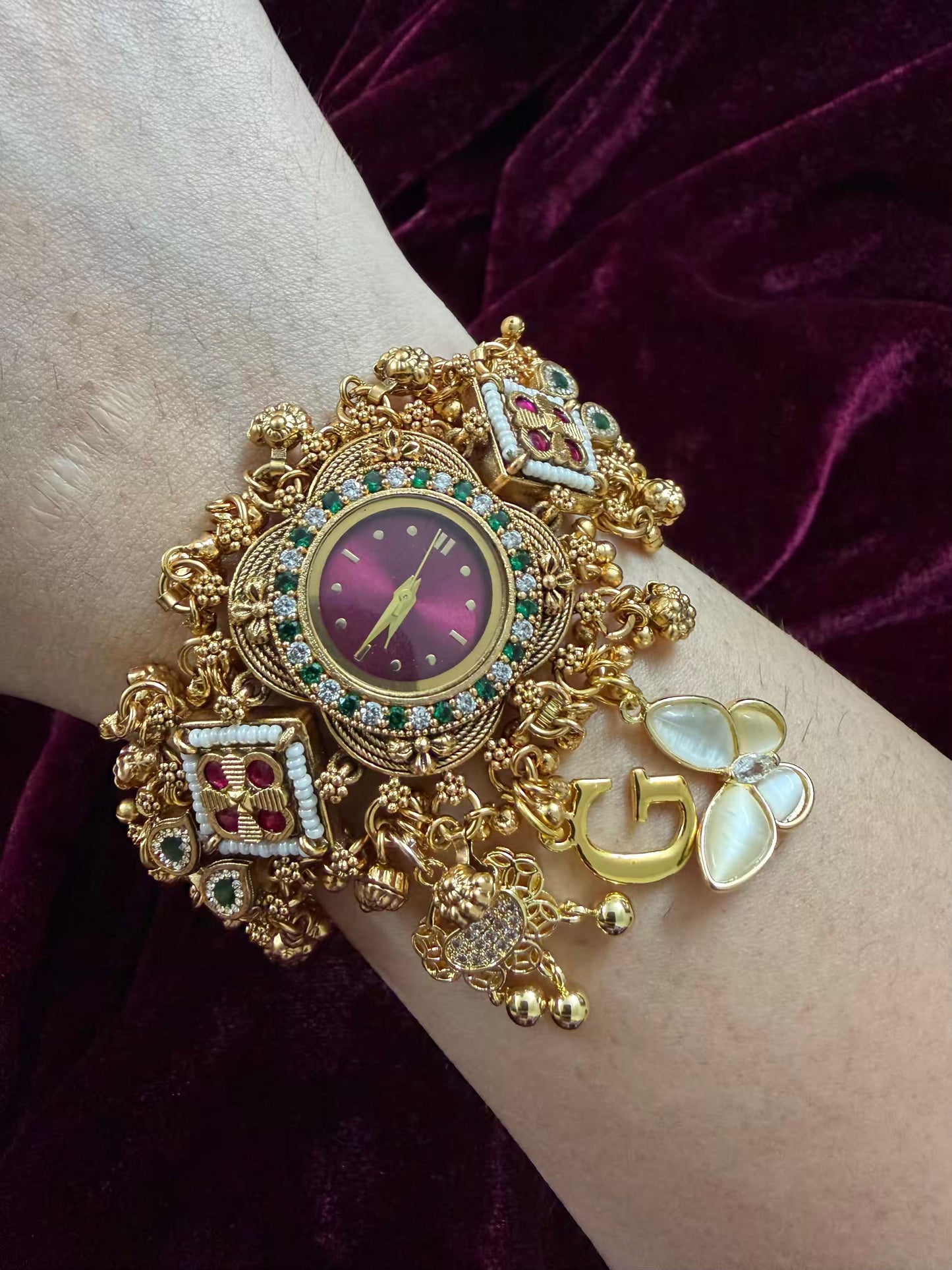 Burgundy Floral Cloud Dial Heritage Watch in Premium Rajwadi plating (Free Initial)
