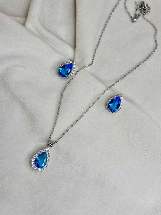 Blue Drop Necklace and Ear Studs