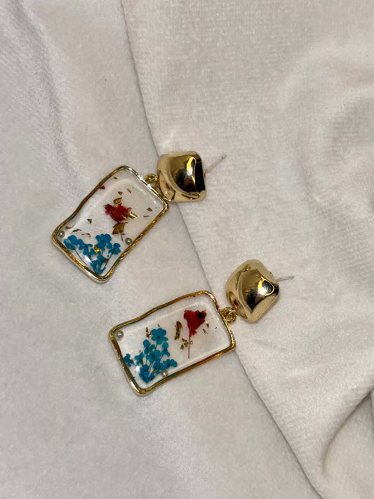 Dried Blue and Pink Petals Earrings - Gold Plated