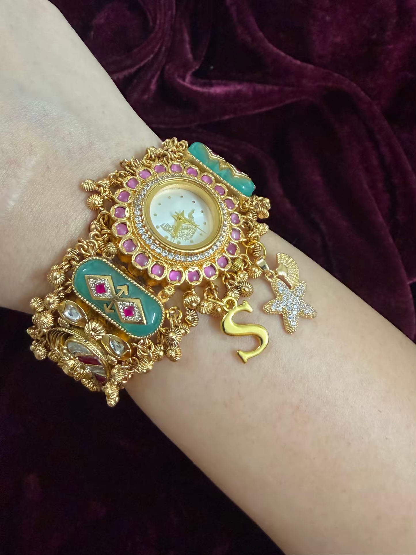 Pink Butterfly Peacock Dial Maharani Watch Heritage Bracelet ( Add your initial FREE )