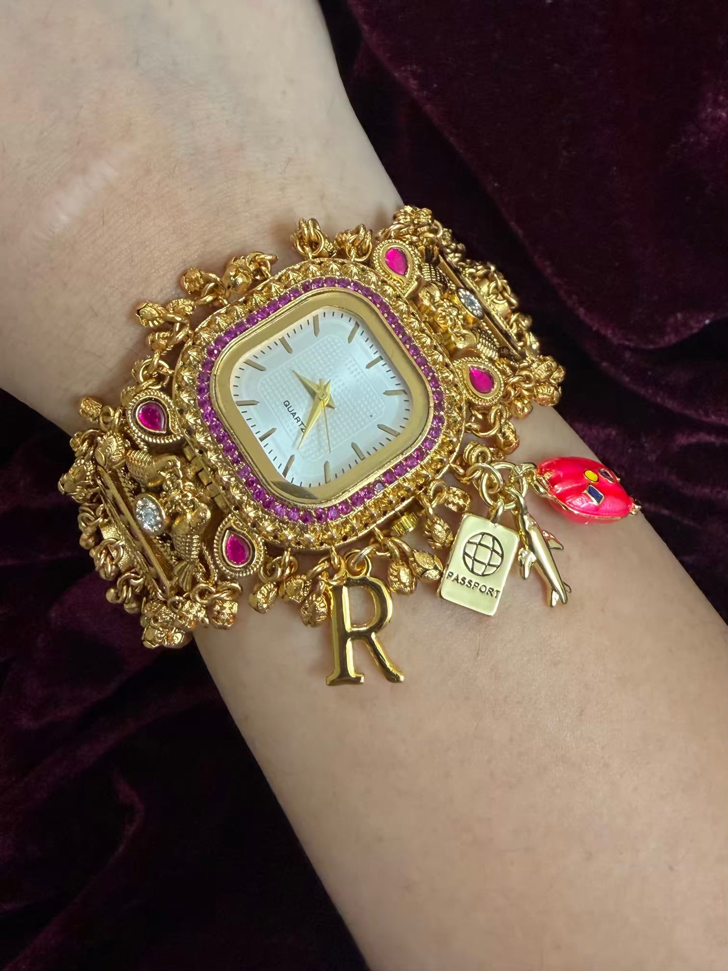 Square Dial Maharani Watch Heritage Bracelet with Puffy Trolley and Passport ( Add your initial FREE )
