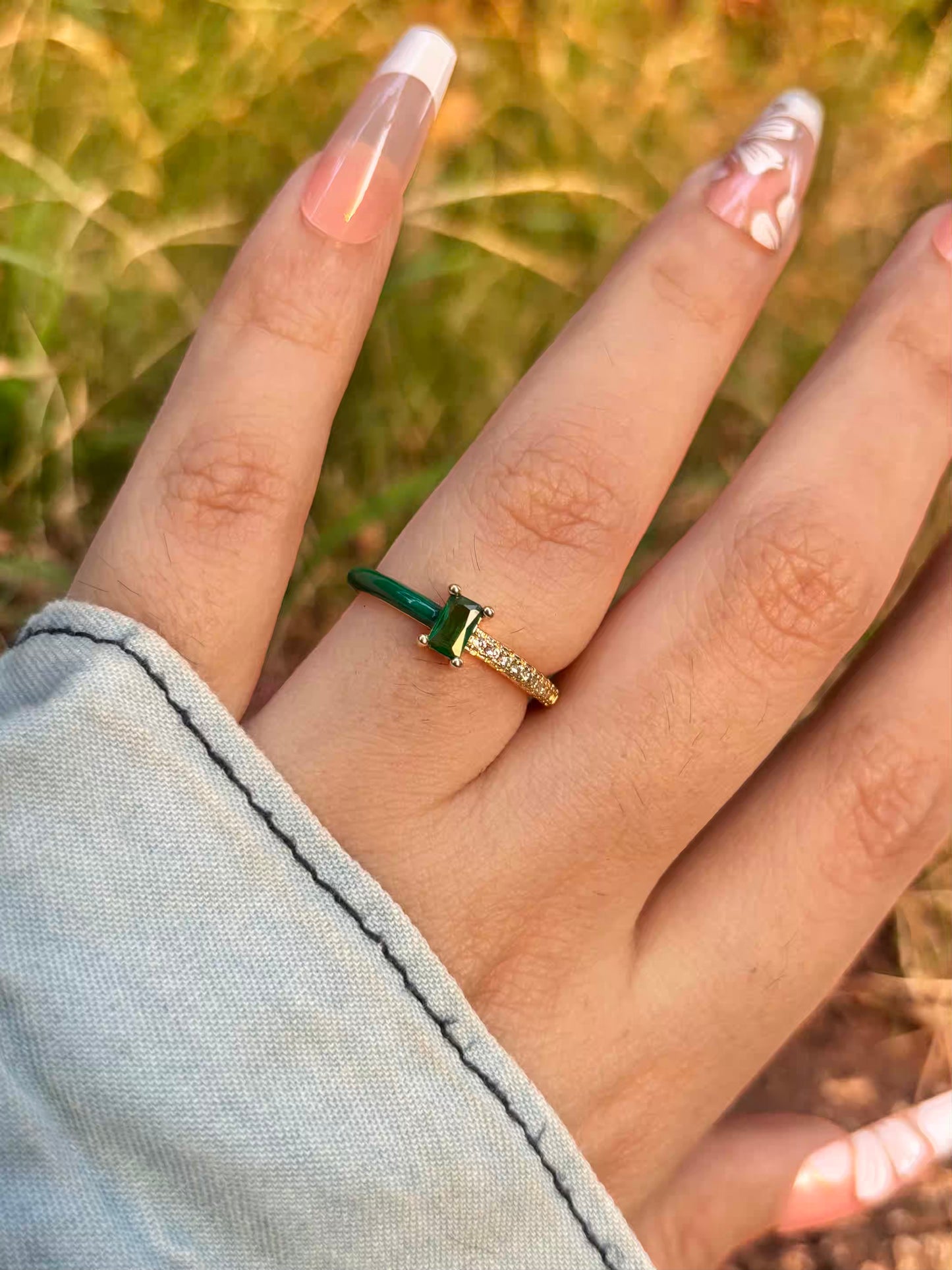 Emerald Green Solitaire Band Ring - Adjustable