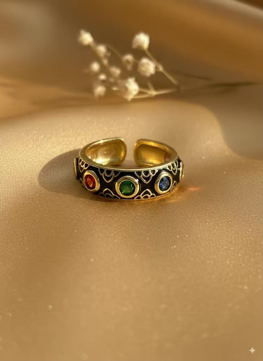 Black Colourful Gold Plated Premium Ring (Adjustable)
