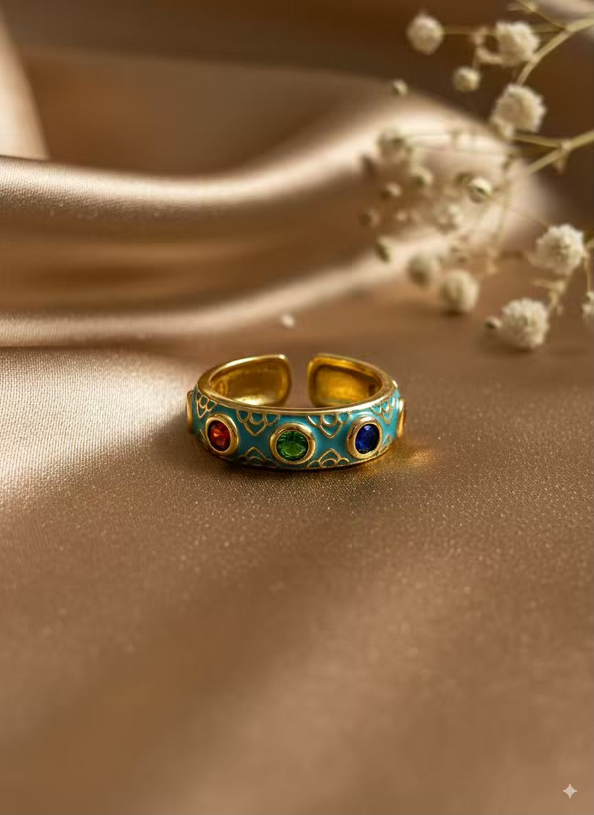 Blue Colourful Gold Plated Premium Ring (Adjustable)