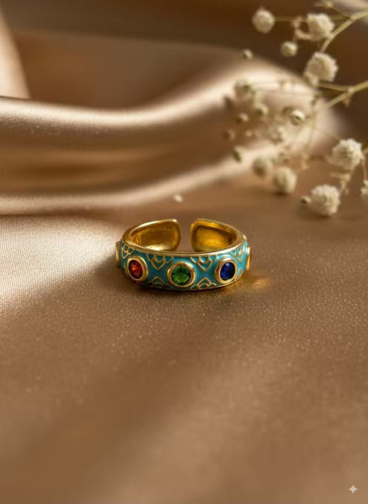 Blue Colourful Gold Plated Premium Ring (Adjustable)