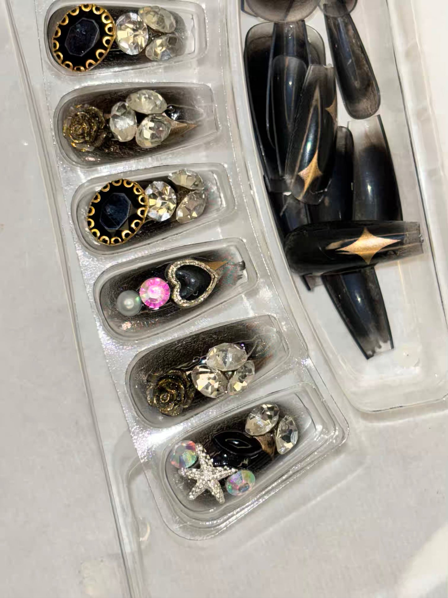 Studded Black Rose Stone Fancy Party Press On Nails ( Set of 24 )