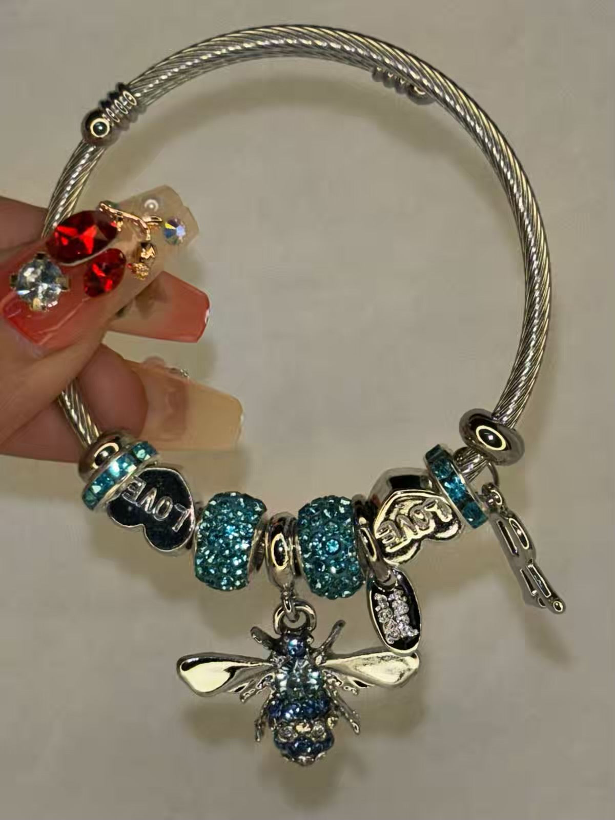 Pandora Charms Blue Bee Bracelet With Customised Initial  ( Silver )