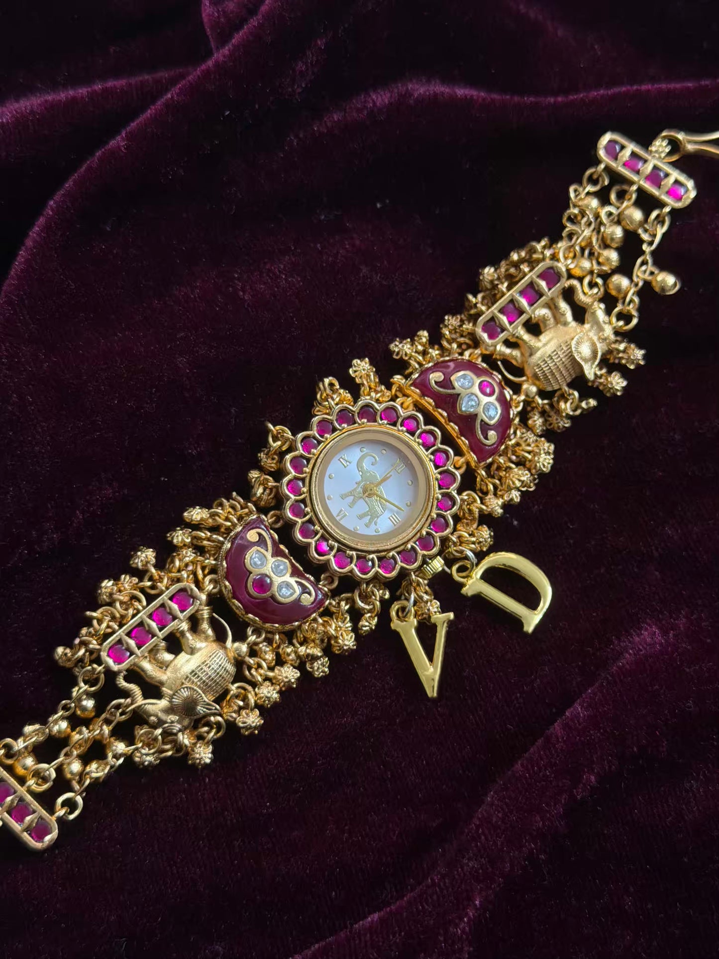 Green in Burgundy Dial Half Moon Maharani Watch Design Bracelet
