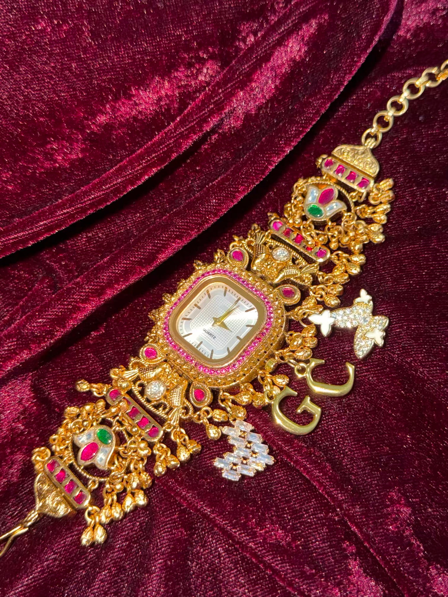 Square Dial Maharani Watch Heritage Bracelet with Butterfly and Heart  Charms