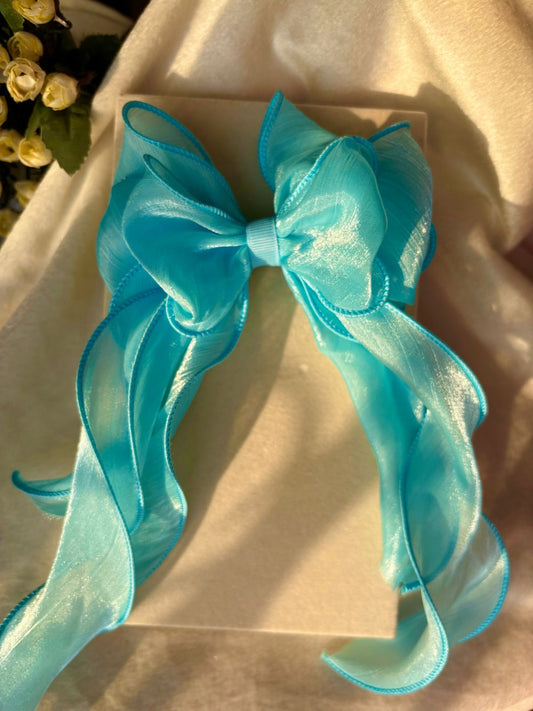 Layered Princess Hair Bow Clip For Women ( Light Blue Netted )