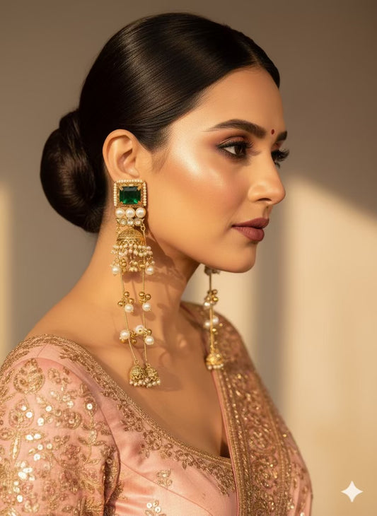 Emerald Green Red Ruby Loaded Jhumkas No Kashmiri Brass Premium Plated Ghungroo Earrings