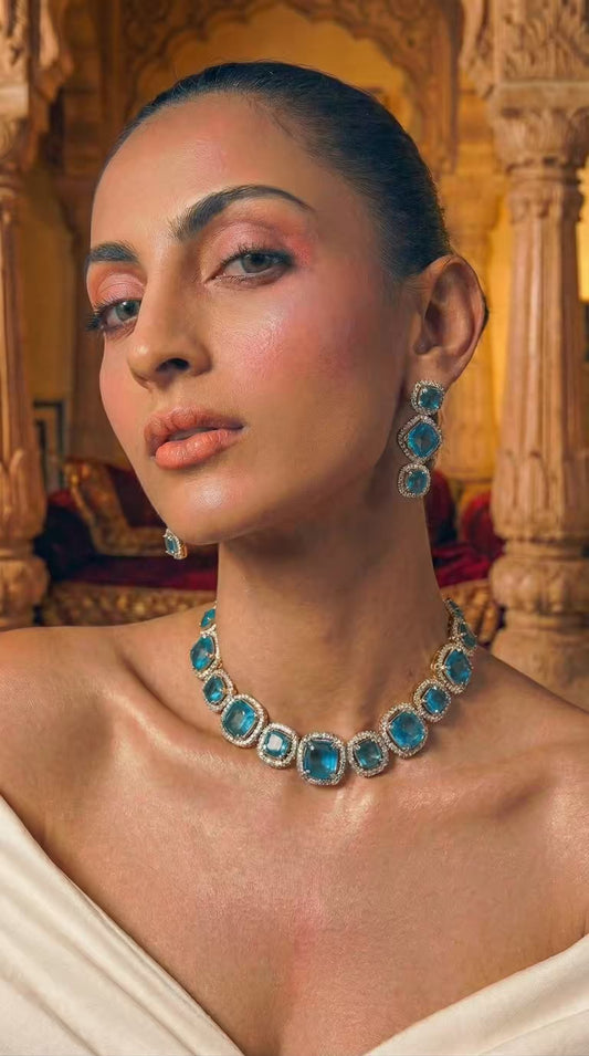 Turquoise Blue Sapphire Cushion Halo Statement Necklace Set