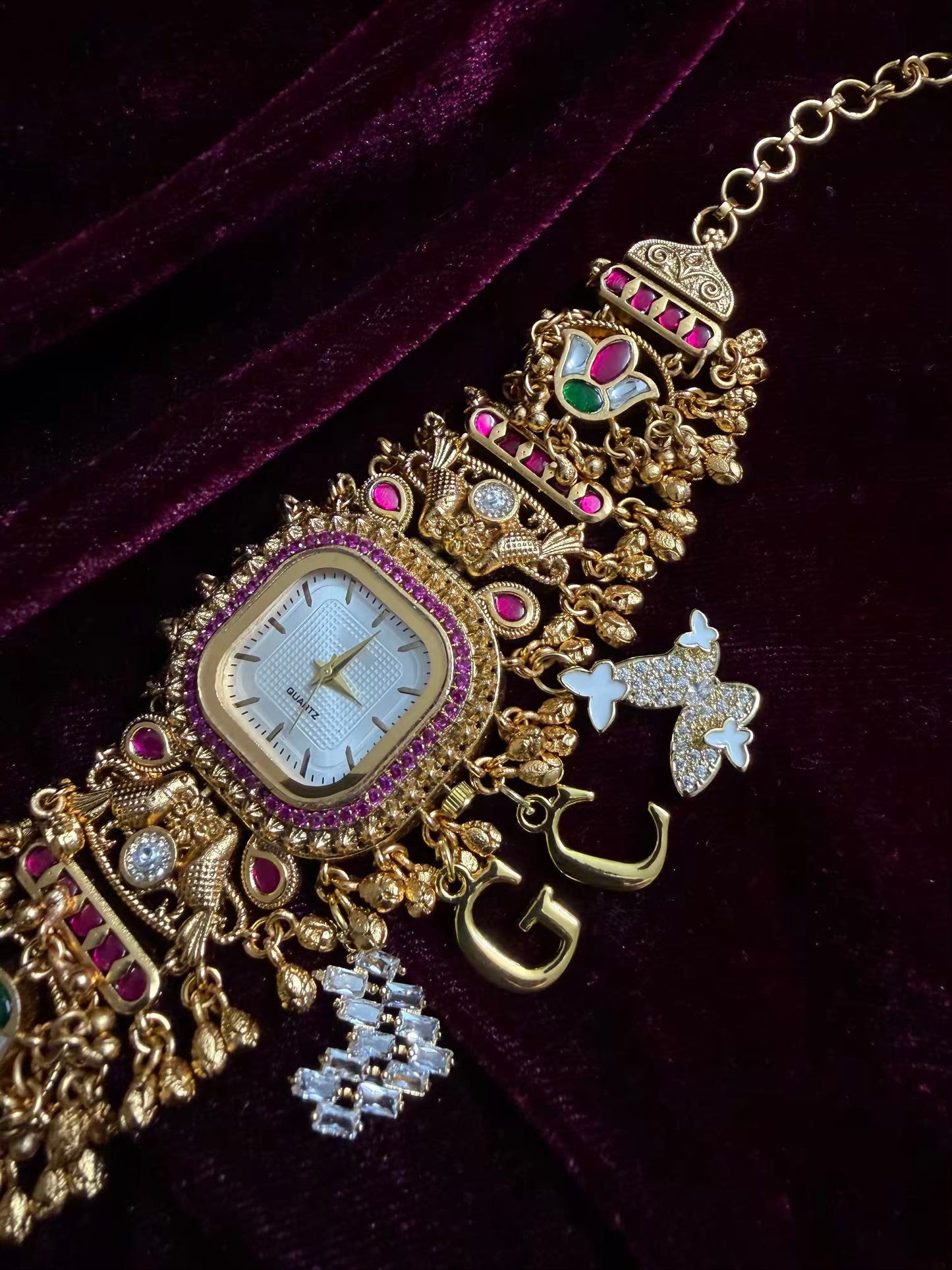 Square Dial Maharani Watch Heritage Bracelet with Butterfly and Heart  Charms