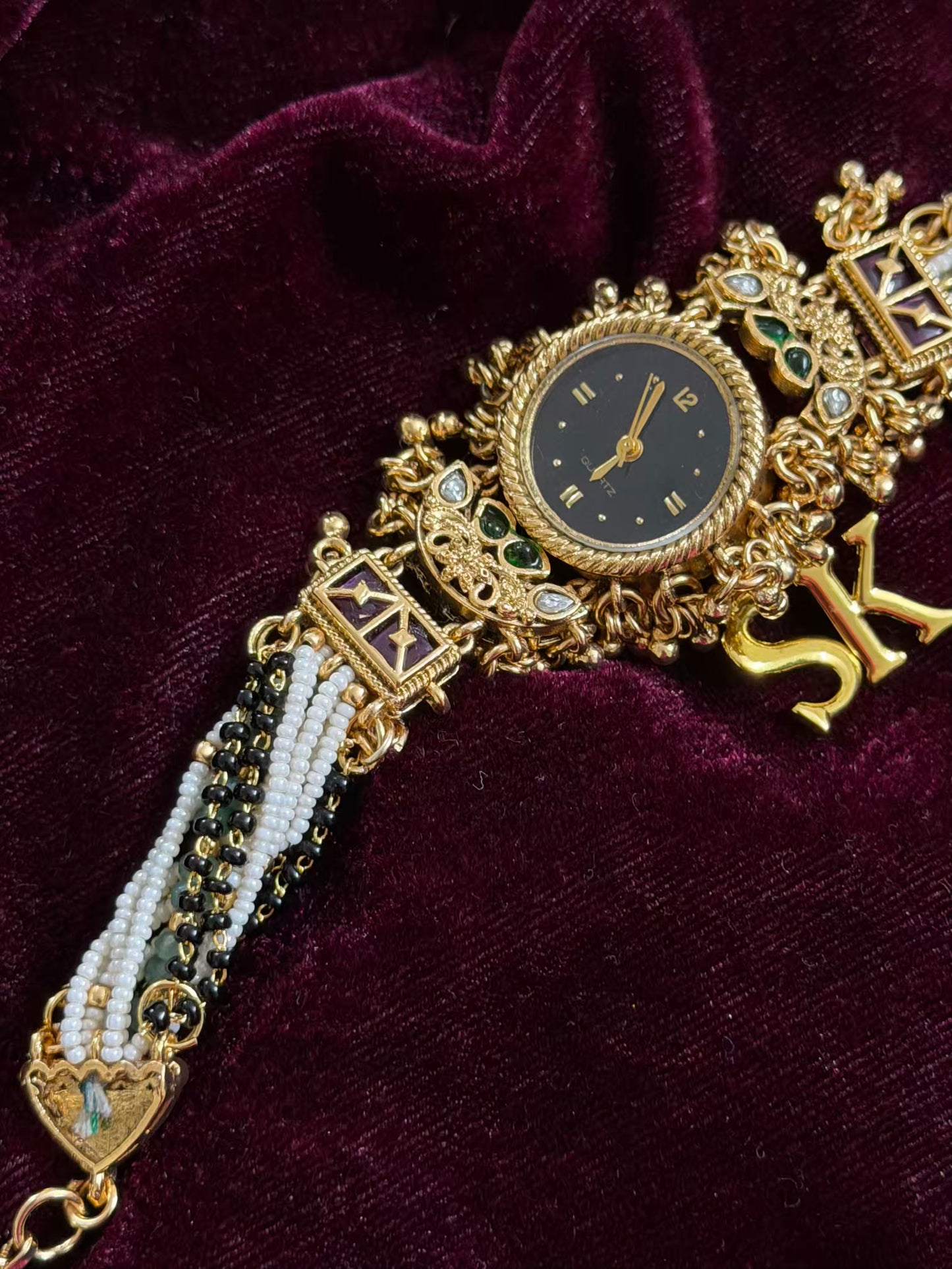 Nazar Mangalsutra Beads Black Round Dial Gold Maharani Watch Design Heritage Bracelet