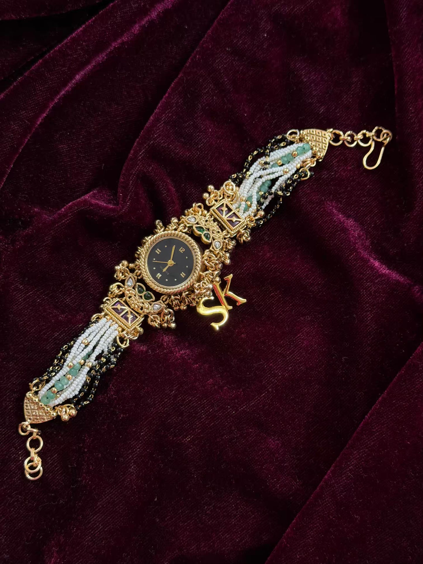 Nazar Mangalsutra Beads Black Round Dial Gold Maharani Watch Design Heritage Bracelet