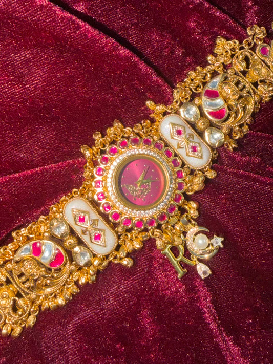 Burgundy Peacock Dial Maharani Watch Heritage Bracelet ( Add your initial FREE )