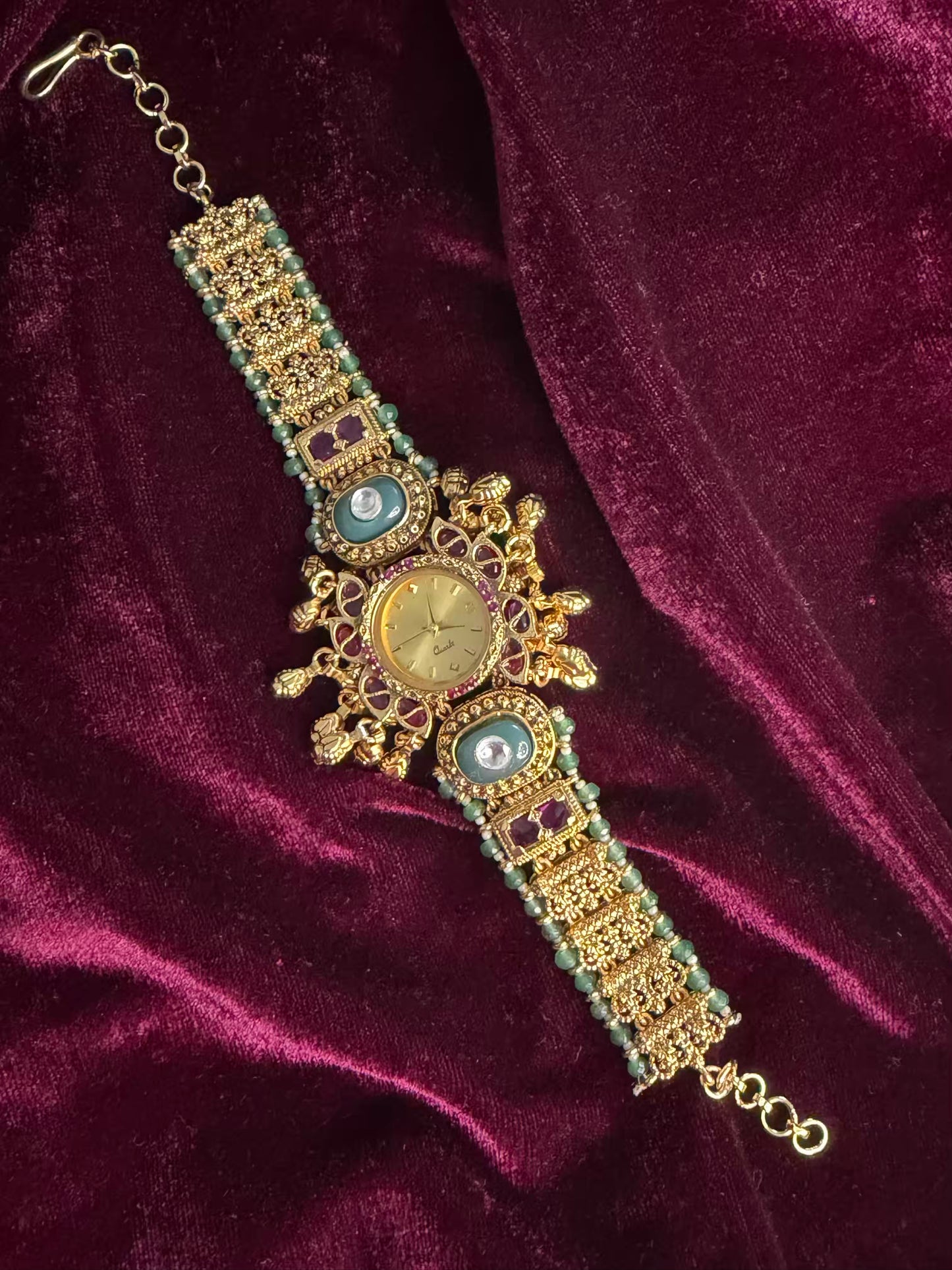 Queen Temple Motif Ruby Kundan Gold Plated Heritage Maharani Watch