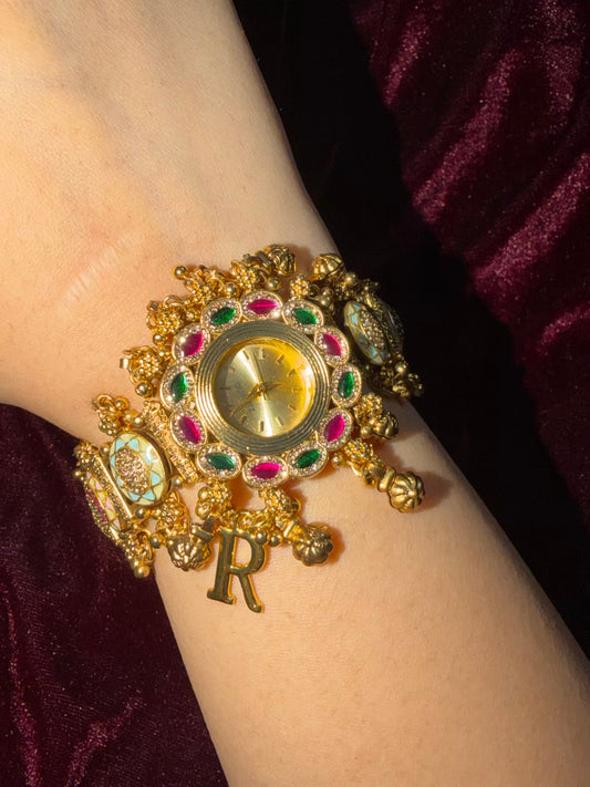 Ghungroo Pink Green Maharani Watch ( Customise Free Initial )( Random side strap colour)