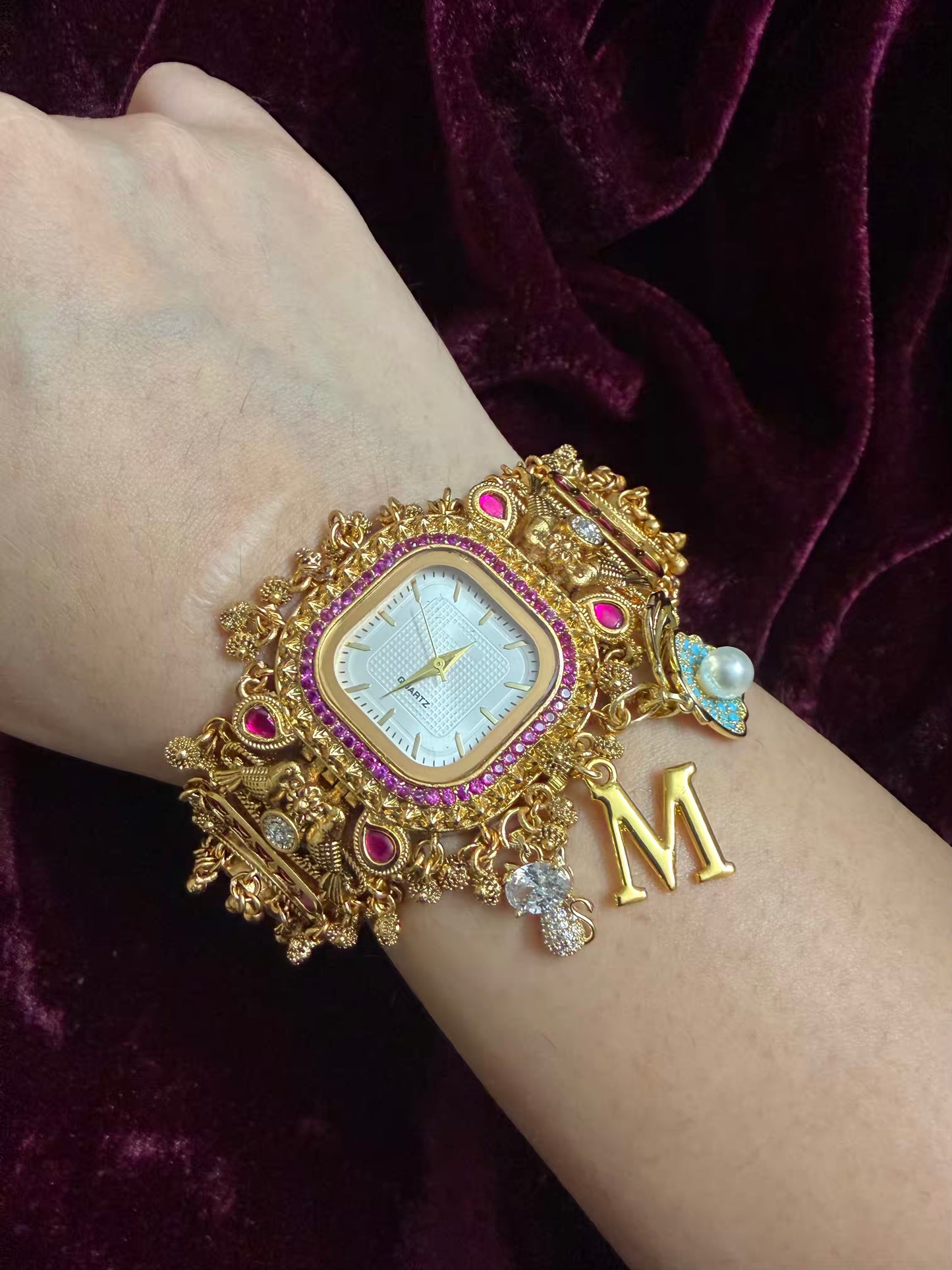 Square Dial Maharani Watch Heritage Bracelet with Charms