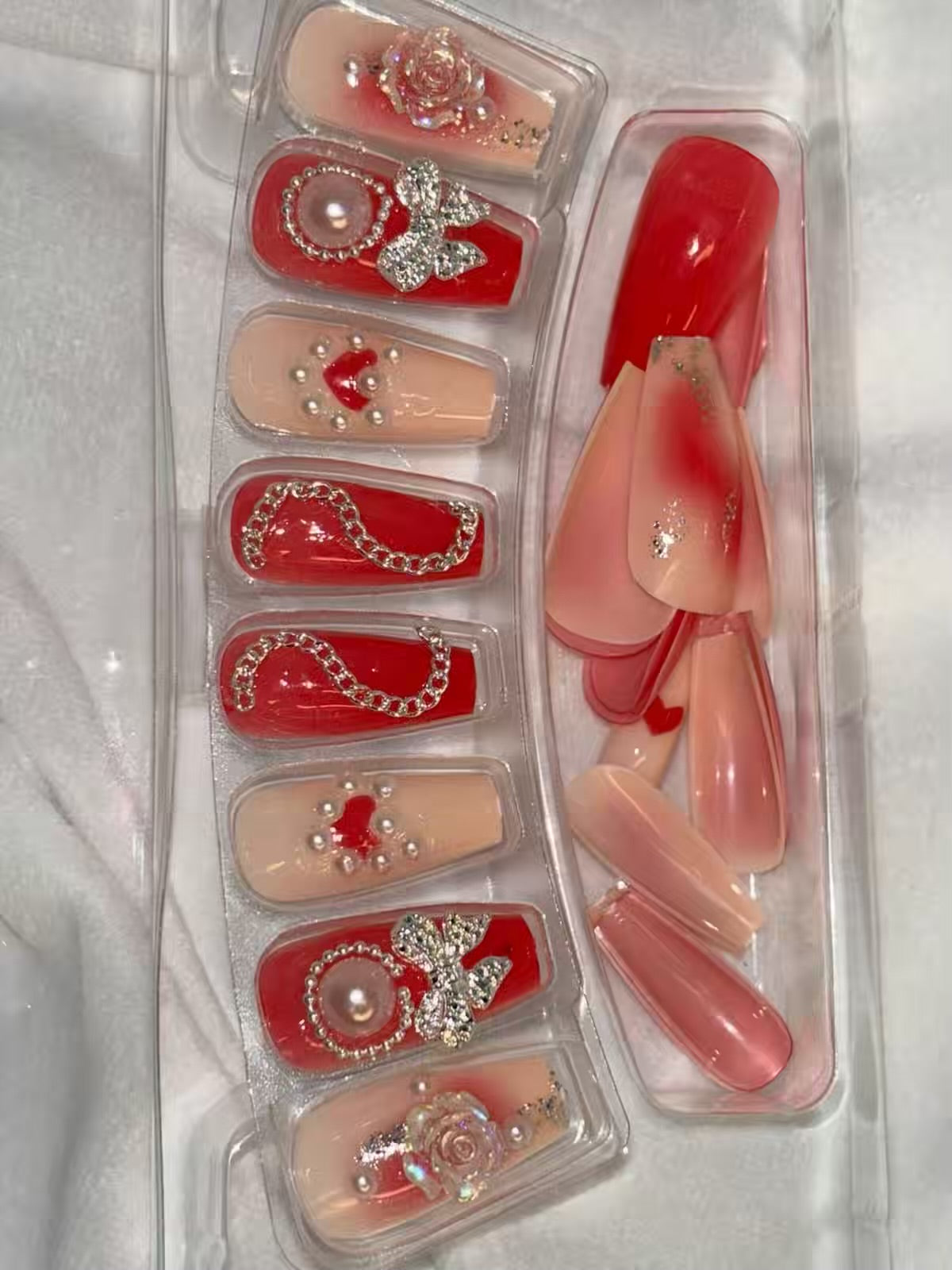 Red Nude Pearls Shimmery Fancy Party Bridal Press On Nails ( Set of 24 )