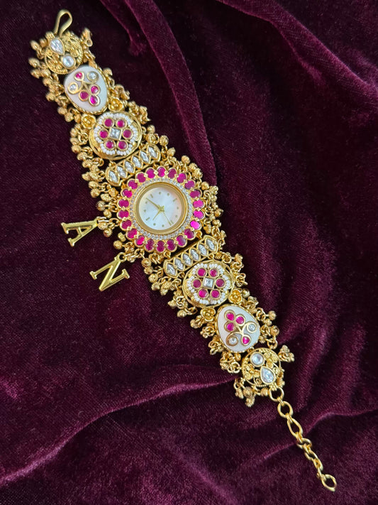 Creamy Kundan Gold Plated Heritage Maharani Watch Design Bracelet