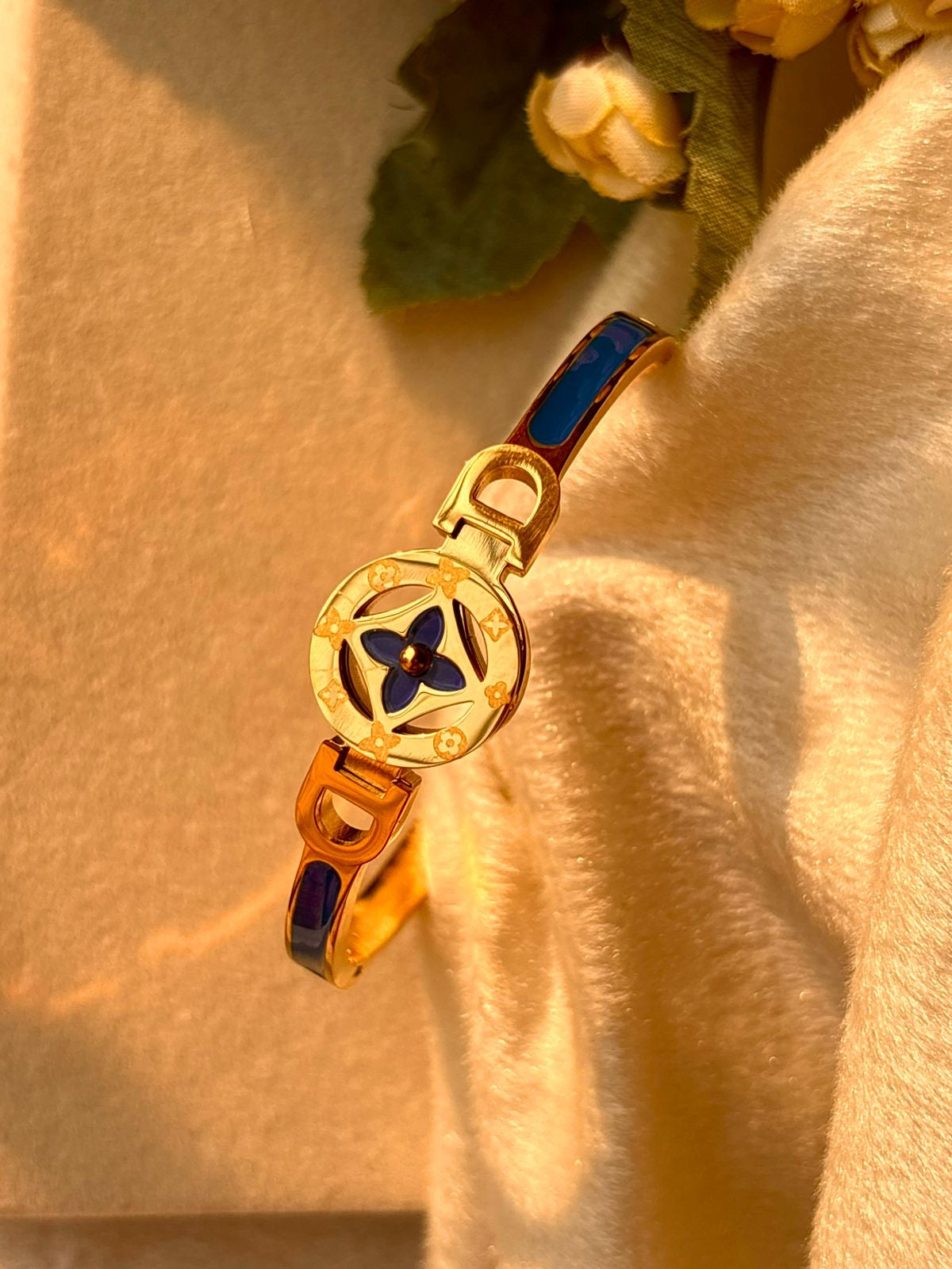 Blue Flowery Delta Style Kada Bracelet Bangle - Gold