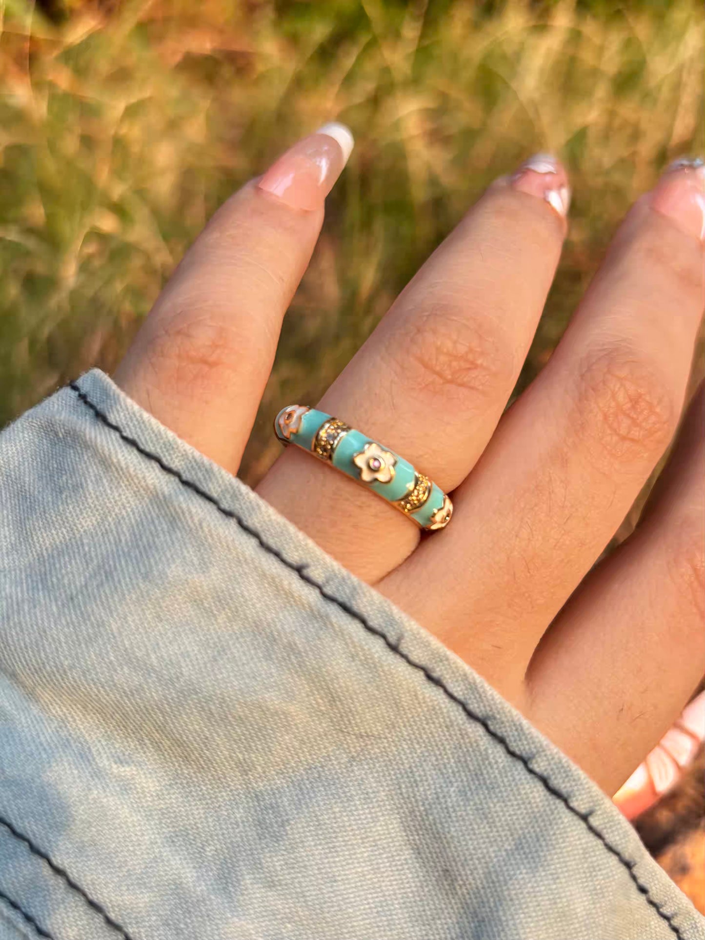 White Lillies Sky Blue Band Ring - Adjustable