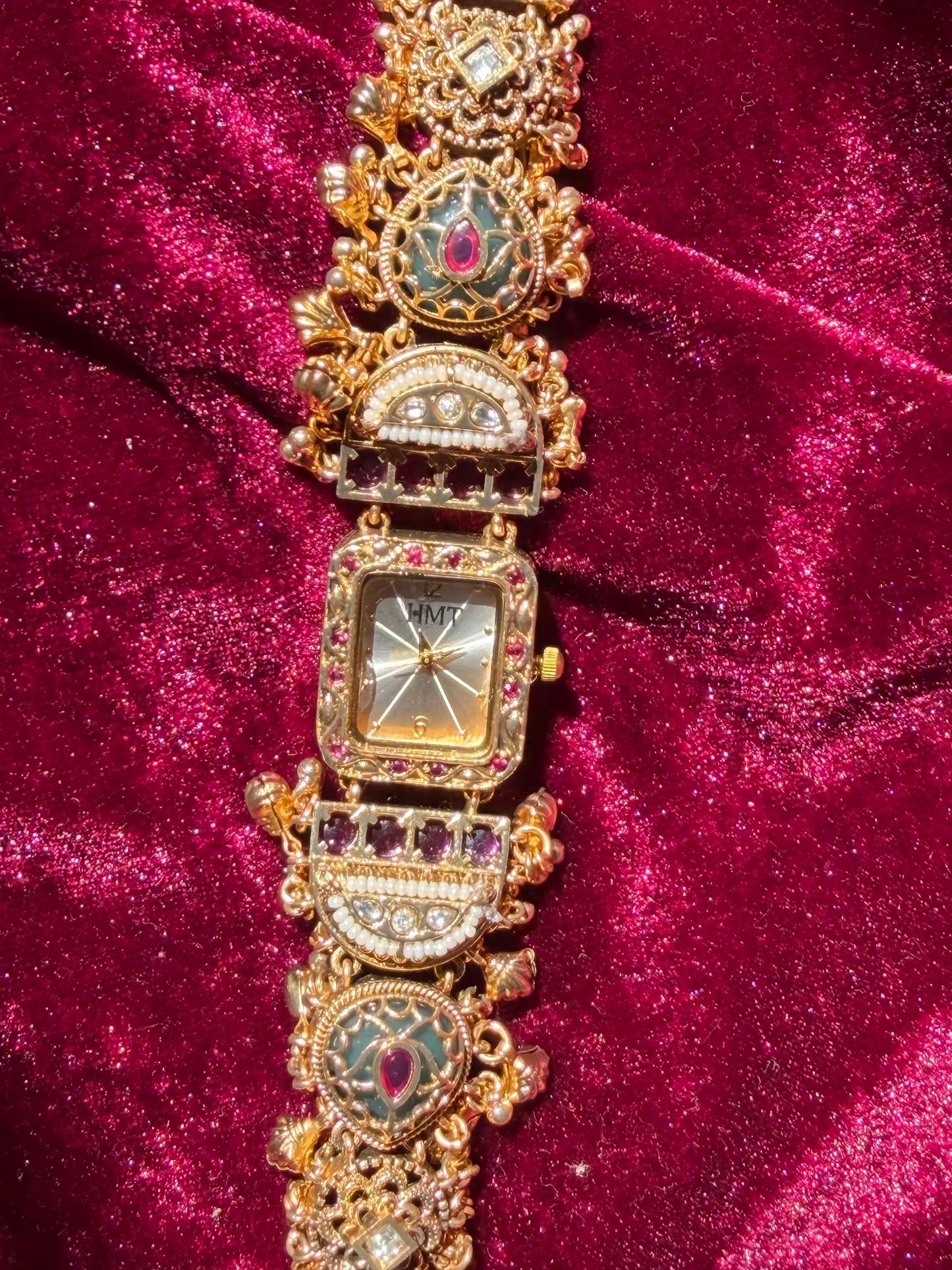 Noorika Rectangle Temple Motif Ruby Kundan Gold Plated Heritage Maharani Watch ( Partial COD 200₹ )