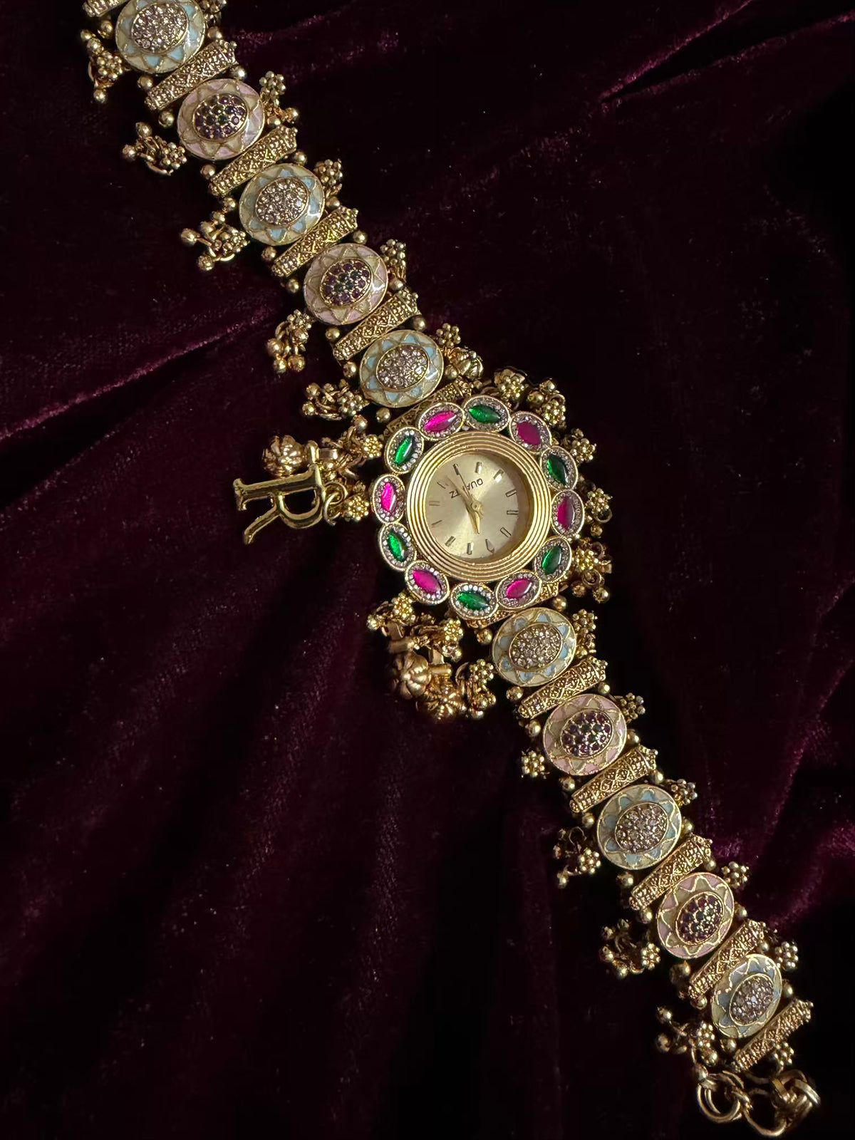 Ghungroo Pink Green Maharani Watch ( Customise Free Initial )( Random side strap colour)