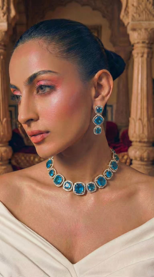 Turquoise Blue Sapphire Cushion Halo Statement Necklace Set