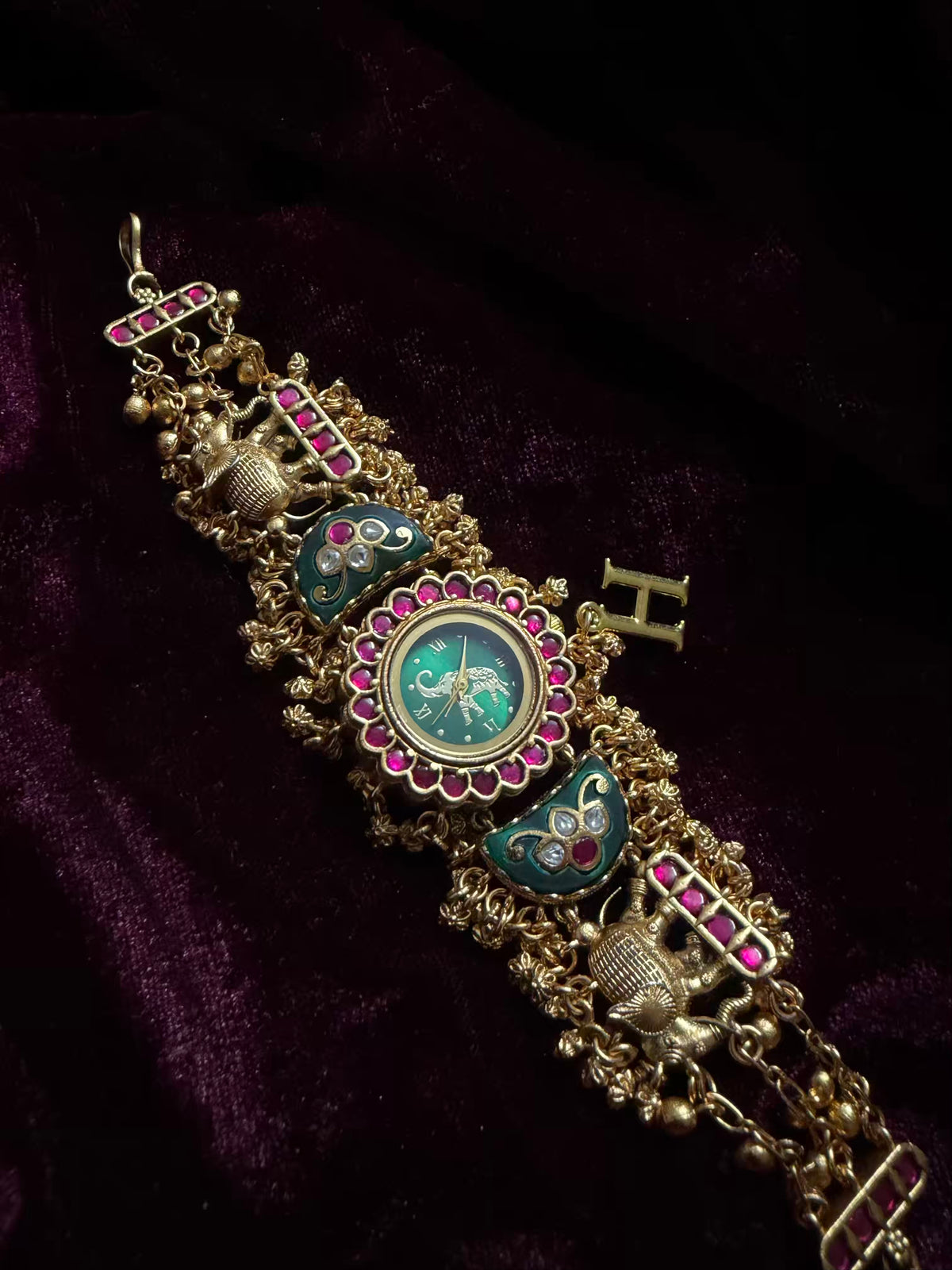 Green Elephant Dial Maharani Watch Design Heritage Bracelet (Customise FREE Initial )