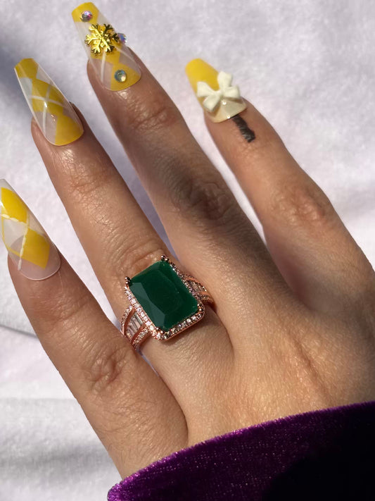 Premium Green Emerald Rectangular Ring( Rose Gold )Adjustable